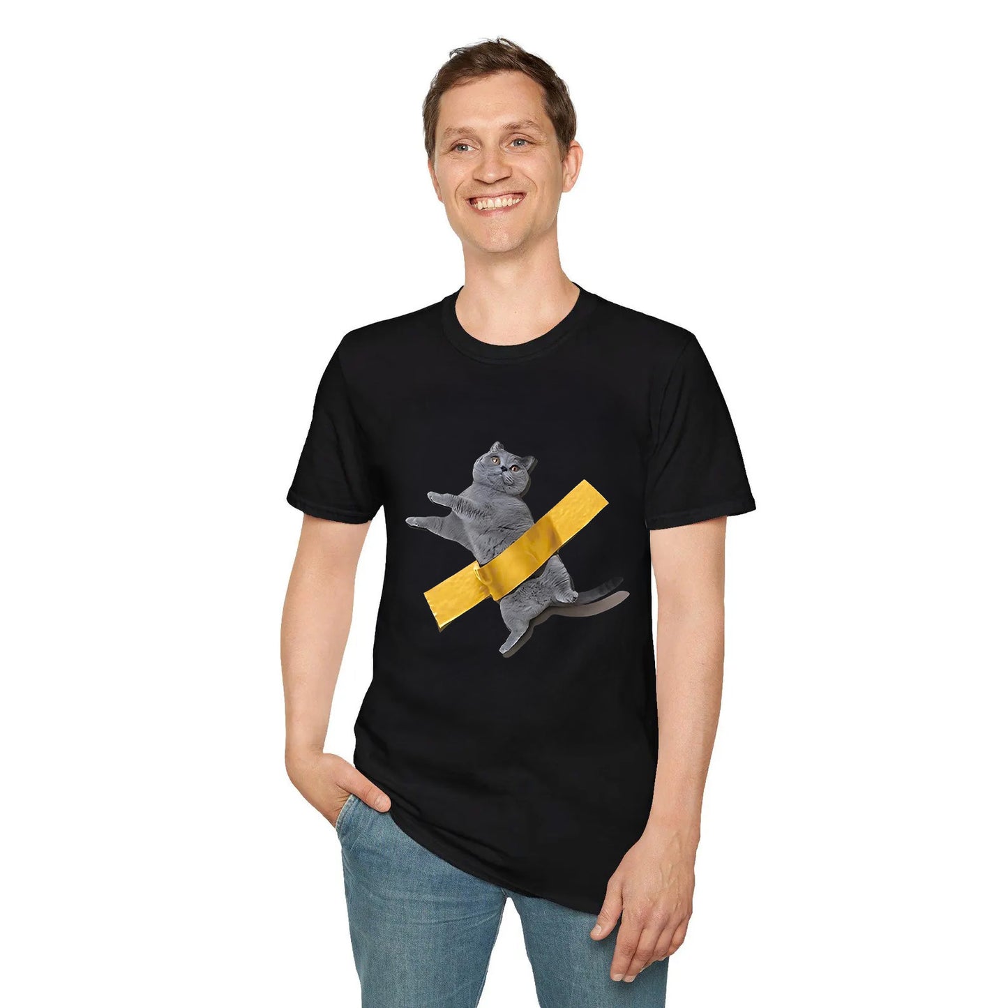 Funny Cat Taped to Wall Meme T-Shirt