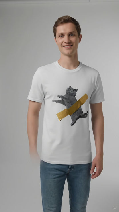 Funny Cat Taped to Wall Meme T-Shirt