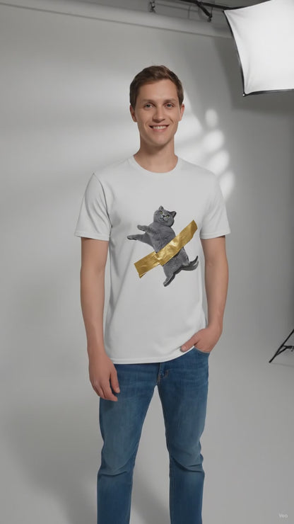 Funny Cat Taped to Wall Meme T-Shirt