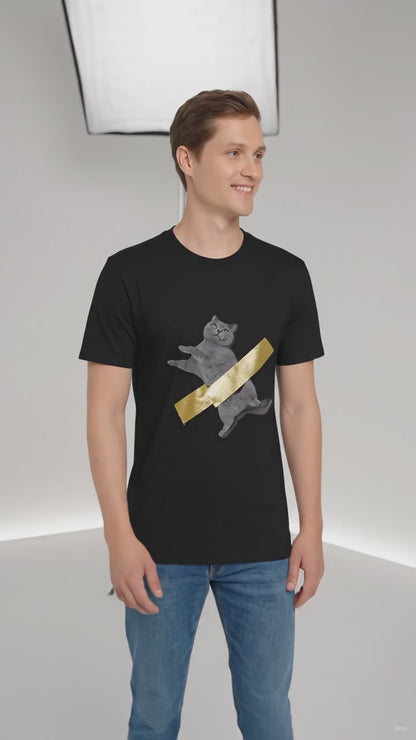 Funny Cat Taped to Wall Meme T-Shirt